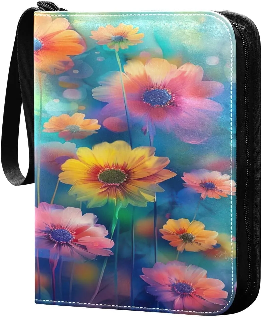 Colorful Flowers Collectible Trading Card Albums,4-Pocket Card Binder with 50 Removable Sleeves with Zipper Game Card Collection Binder Album Holder