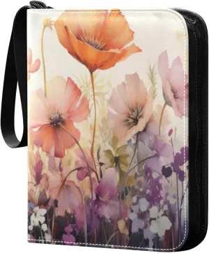 Colorful Flowers Collectible Trading Card Albums,4-Pocket Card Binder with 50 Removable Sleeves with Zipper Game Card Collection Binder Album Holder