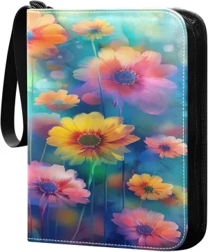 Colorful Flowers Collectible Trading Card Albums,4-Pocket Card Binder with 50 Removable Sleeves with Zipper Game Card Collection Binder Album Holder