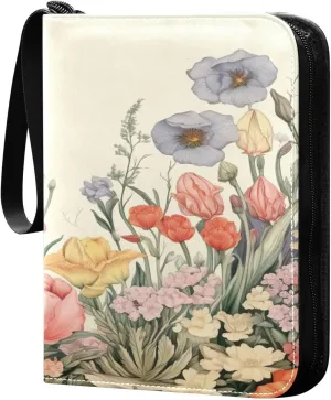 Colorful Flowers Collectible Trading Card Albums,4-Pocket Card Binder with 50 Removable Sleeves with Zipper Game Card Collection Binder Album Holder