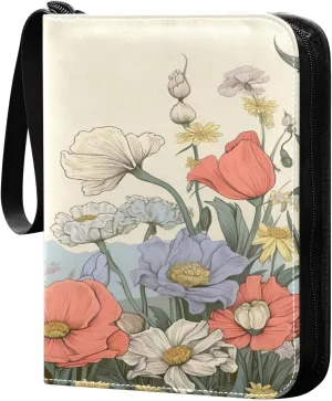 Colorful Flowers Collectible Trading Card Albums,4-Pocket Card Binder with 50 Removable Sleeves with Zipper Game Card Collection Binder Album Holder