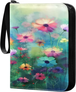 Colorful Flowers Collectible Trading Card Albums,4-Pocket Card Binder with 50 Removable Sleeves with Zipper Game Card Collection Binder Album Holder