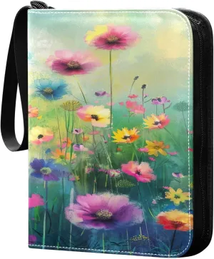 Colorful Flowers Collectible Trading Card Albums,4-Pocket Card Binder with 50 Removable Sleeves with Zipper Game Card Collection Binder Album Holder