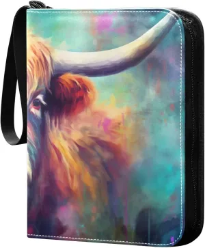 Colorful Highland Cow Collectible Trading Card Albums,4-Pocket Card Binder with 50 Removable Sleeves with Zipper Game Card Collection Binder Album Holder