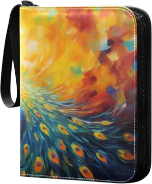 Colorful Peacock Painting Collectible Trading Card Albums,4-Pocket Card Binder with 50 Removable Sleeves with Zipper Game Card Collection Binder Album Holder