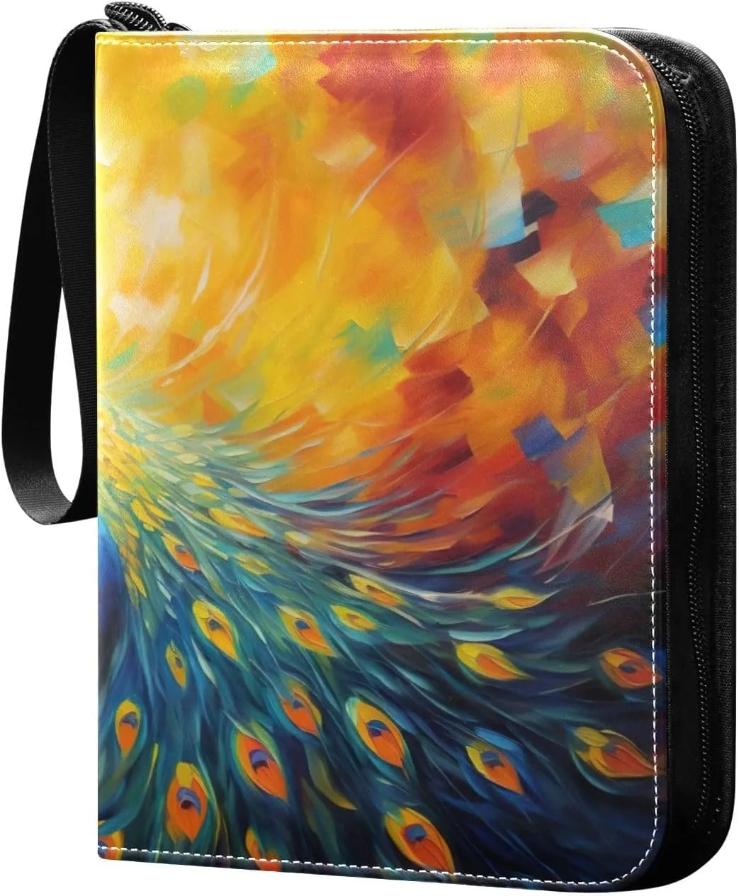 Colorful Peacock Painting Collectible Trading Card Albums,4-Pocket Card Binder with 50 Removable Sleeves with Zipper Game Card Collection Binder Album Holder