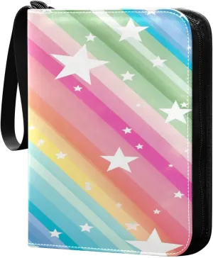 Colorful Striped Stars Collectible Trading Card Albums,4-Pocket Card Binder with 50 Removable Sleeves with Zipper Game Card Collection Binder Album Holder