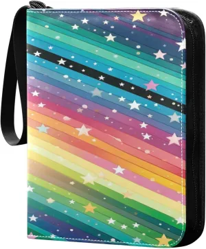 Colorful Striped Stars Collectible Trading Card Albums,4-Pocket Card Binder with 50 Removable Sleeves with Zipper Game Card Collection Binder Album Holder