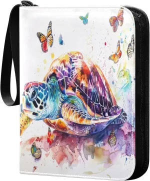 Colorful Watercolor Turtle Collectible Trading Card Albums,4-Pocket Card Binder with 50 Removable Sleeves with Zipper Game Card Collection Binder Album Holder