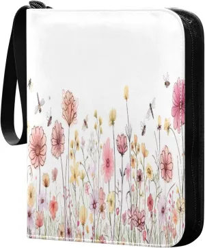 Colorful Wildflowers Collectible Trading Card Albums,4-Pocket Card Binder with 50 Removable Sleeves with Zipper Game Card Collection Binder Album Holder