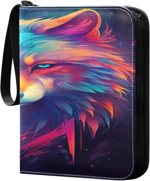 Colorful Wolf Design Collectible Trading Card Albums,4-Pocket Card Binder with 50 Removable Sleeves with Zipper Game Card Collection Binder Album Holder
