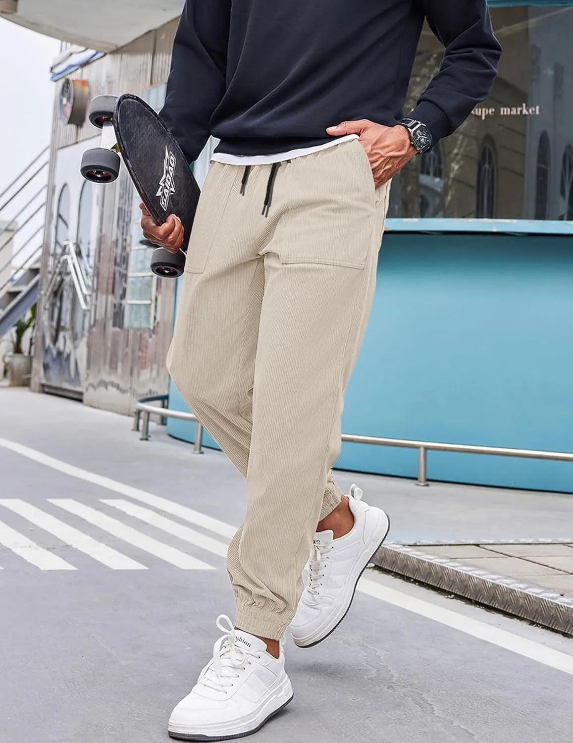 COOFANDY Men's Corduroy Pants Casual Drawstring Trousers Elastic Waist Fashion Tapered Streetwear Joggers with Pockets