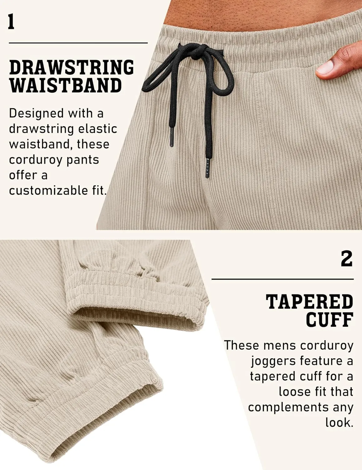 COOFANDY Men's Corduroy Pants Casual Drawstring Trousers Elastic Waist Fashion Tapered Streetwear Joggers with Pockets