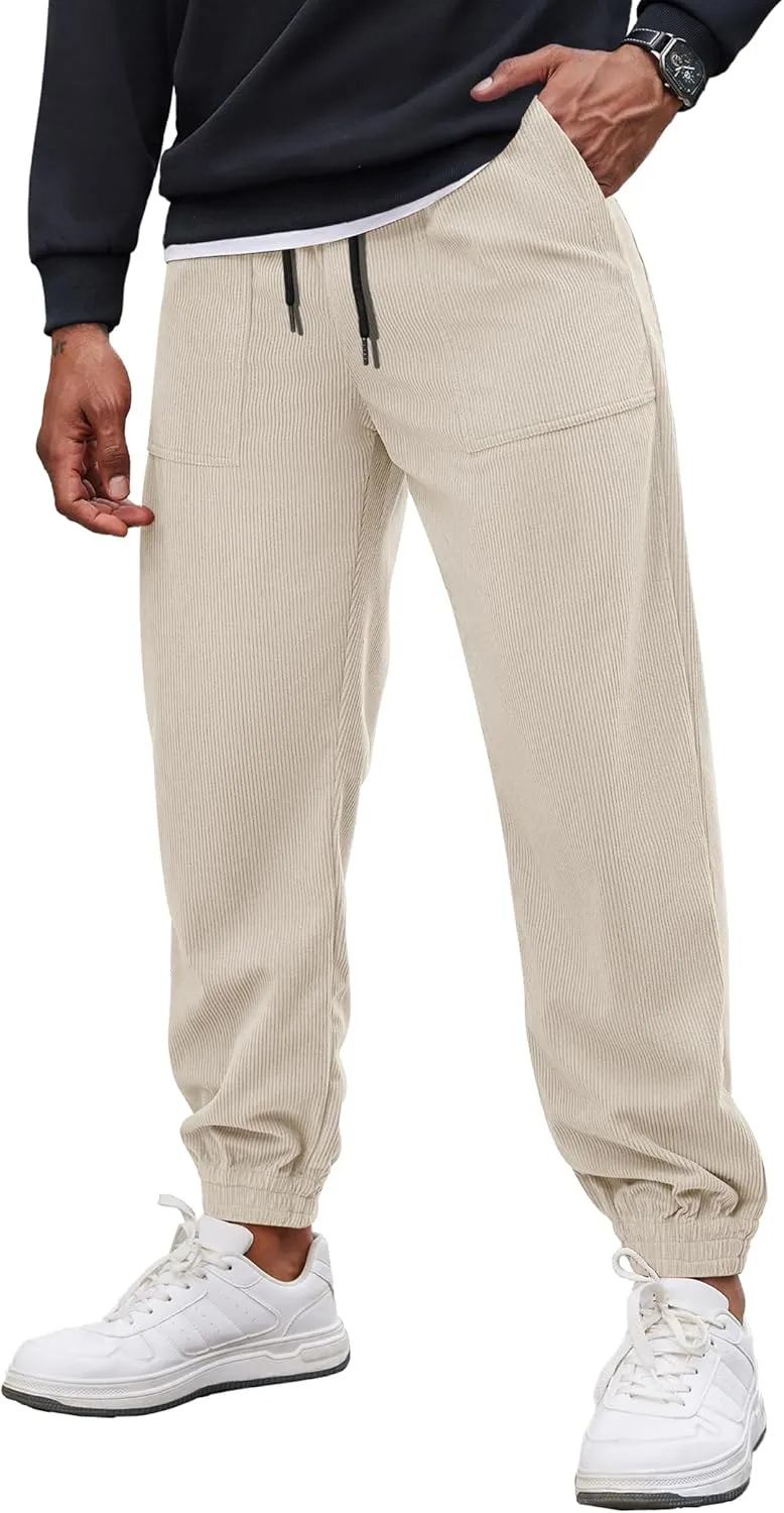 COOFANDY Men's Corduroy Pants Casual Drawstring Trousers Elastic Waist Fashion Tapered Streetwear Joggers with Pockets