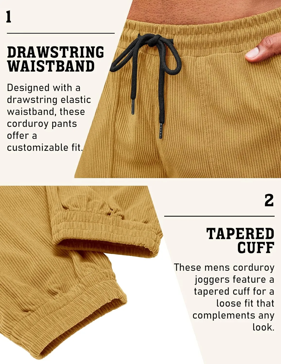 COOFANDY Men's Corduroy Pants Casual Drawstring Trousers Elastic Waist Fashion Tapered Streetwear Joggers with Pockets