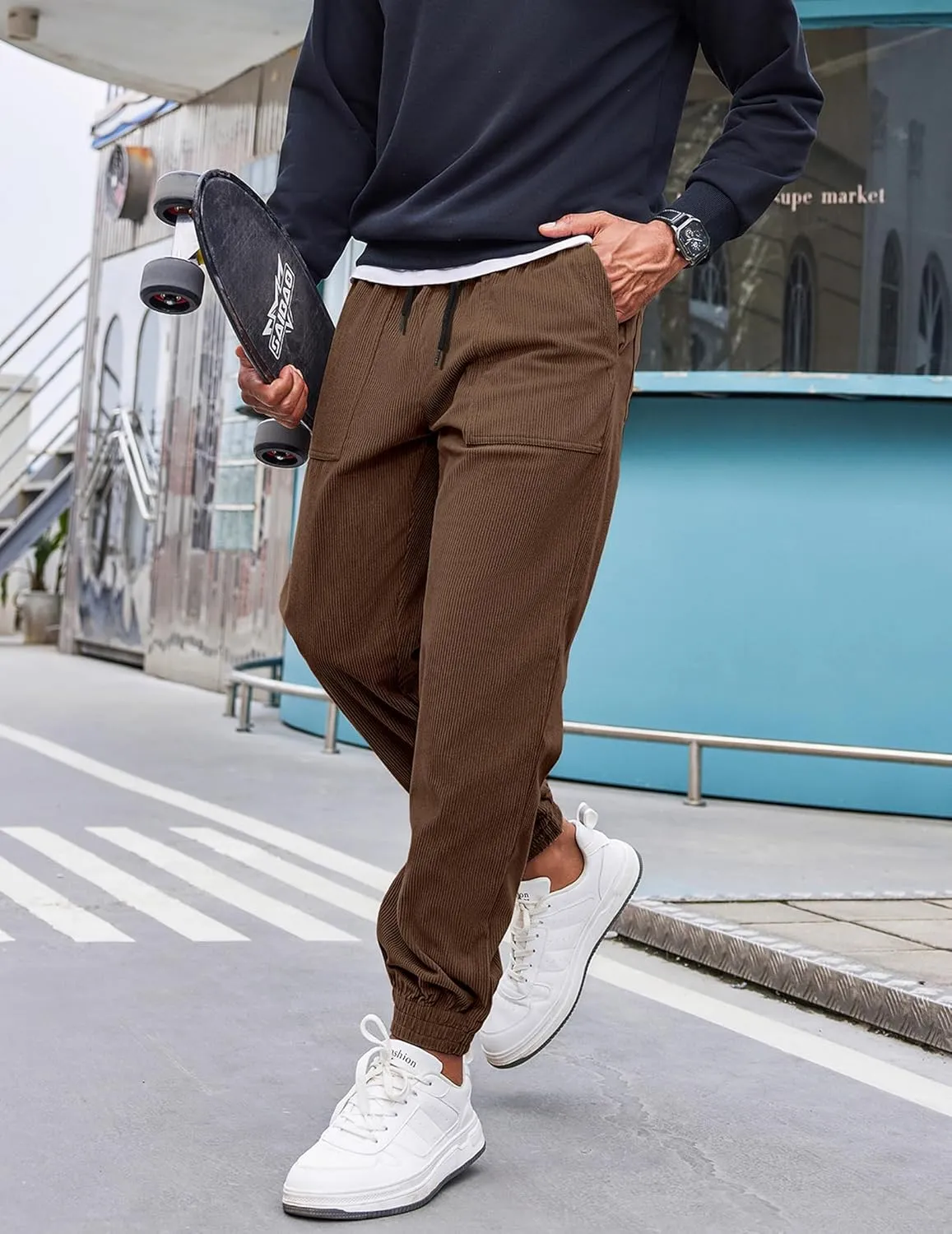 COOFANDY Men's Corduroy Pants Casual Drawstring Trousers Elastic Waist Fashion Tapered Streetwear Joggers with Pockets