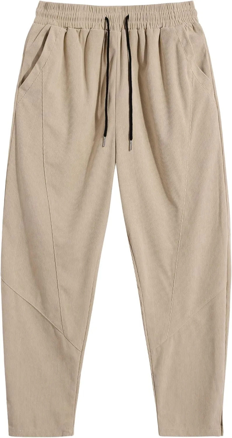 COOFANDY Men's Corduroy Pants Elastic Waist Drawstring Harem Pants Fashion Loose Casual Long Trousers with 4 Pockets