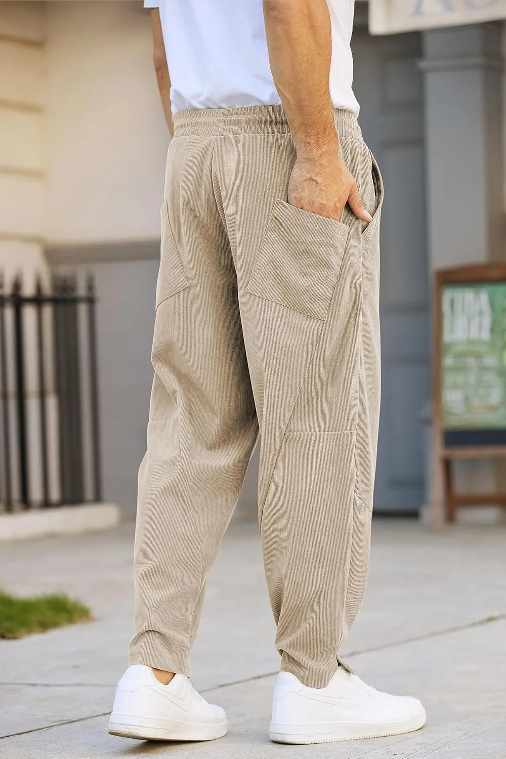 COOFANDY Men's Corduroy Pants Elastic Waist Drawstring Harem Pants Fashion Loose Casual Long Trousers with 4 Pockets