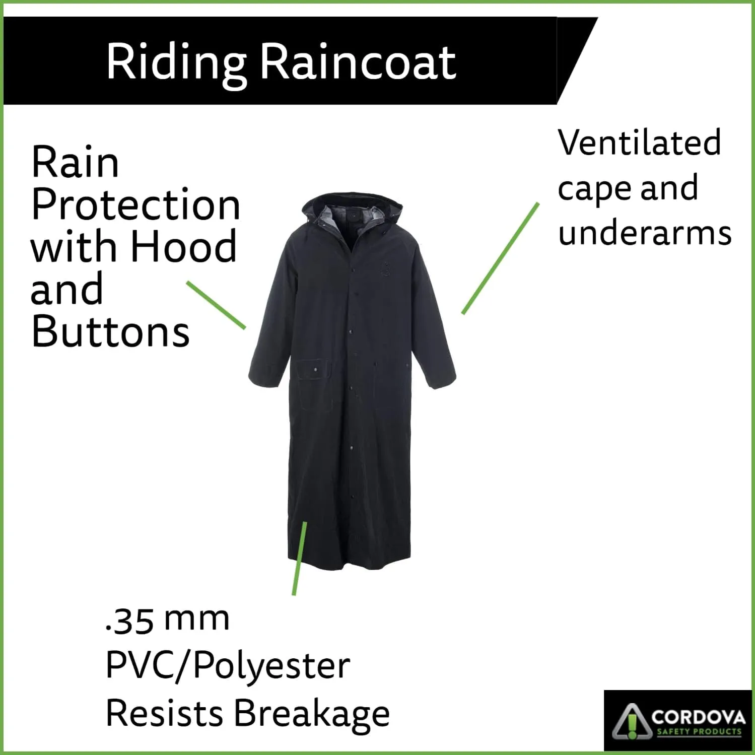 Cordova RC35B60XL Renegade .35 MM PVC/Polyester, Black 2-Piece Riding Coat, Leg Straps, Corduroy Collar, Ventilated Back/Underarms, 60" Length, Detachable Hood, X-Large