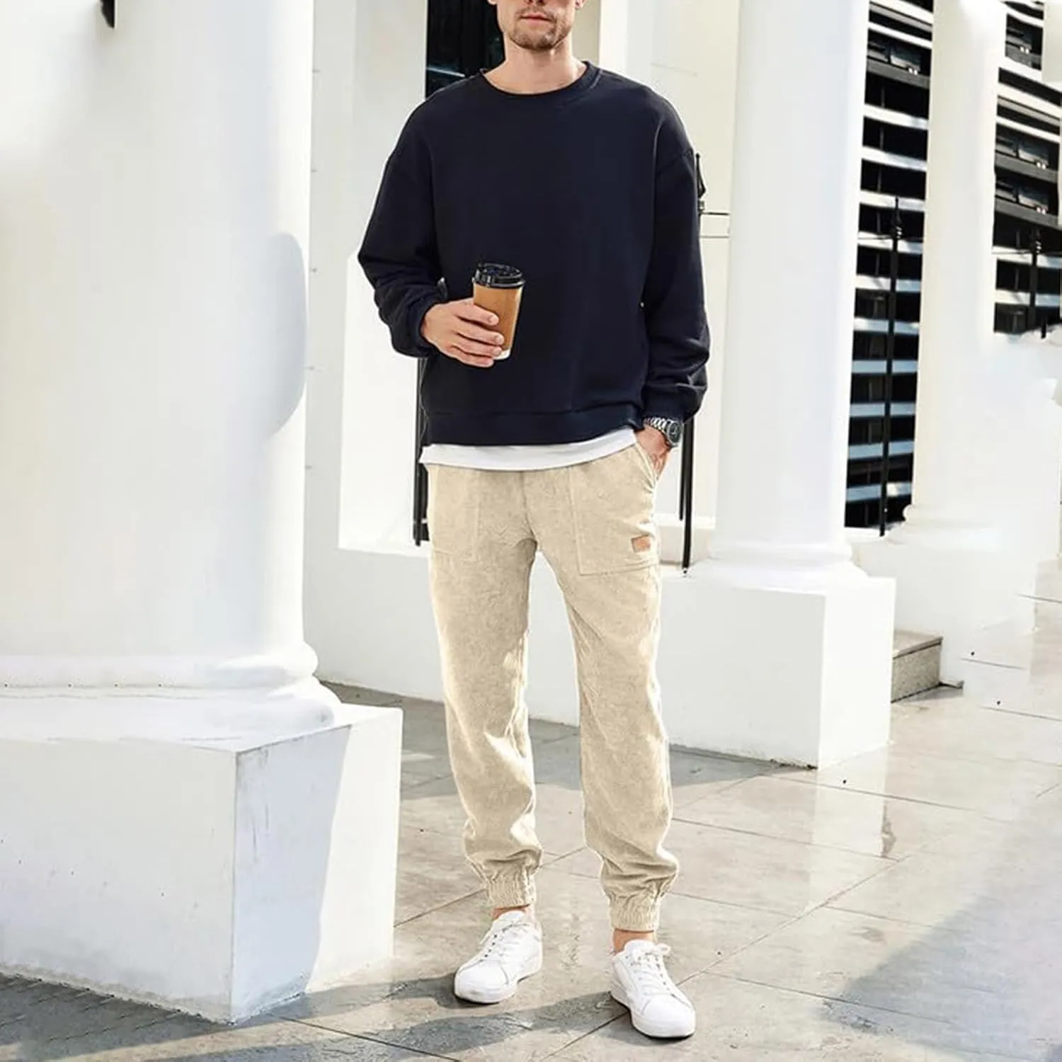 Corduroy Jogger for Men Casual Cargo Pants Drawstring Elastic Waist Baggy Tapered Sweatpants with Pockets Streetwear