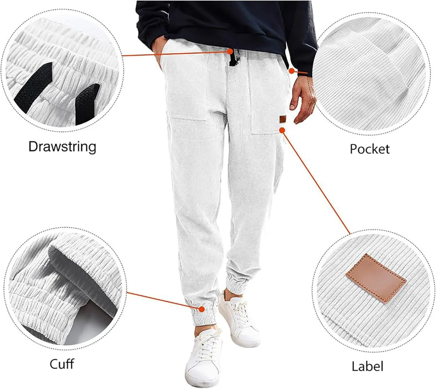 Corduroy Jogger for Men Casual Cargo Pants Drawstring Elastic Waist Baggy Tapered Sweatpants with Pockets Streetwear
