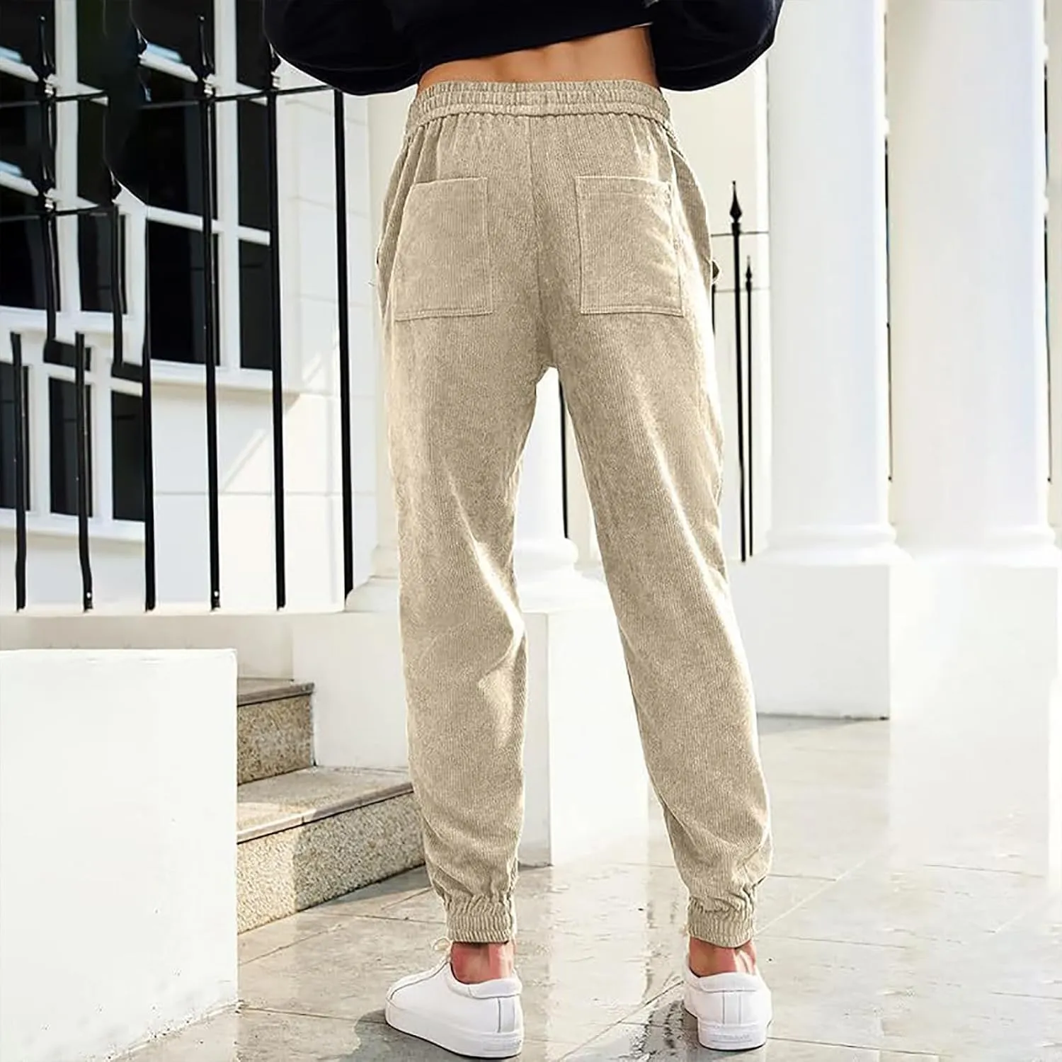Corduroy Jogger for Men Casual Cargo Pants Drawstring Elastic Waist Baggy Tapered Sweatpants with Pockets Streetwear