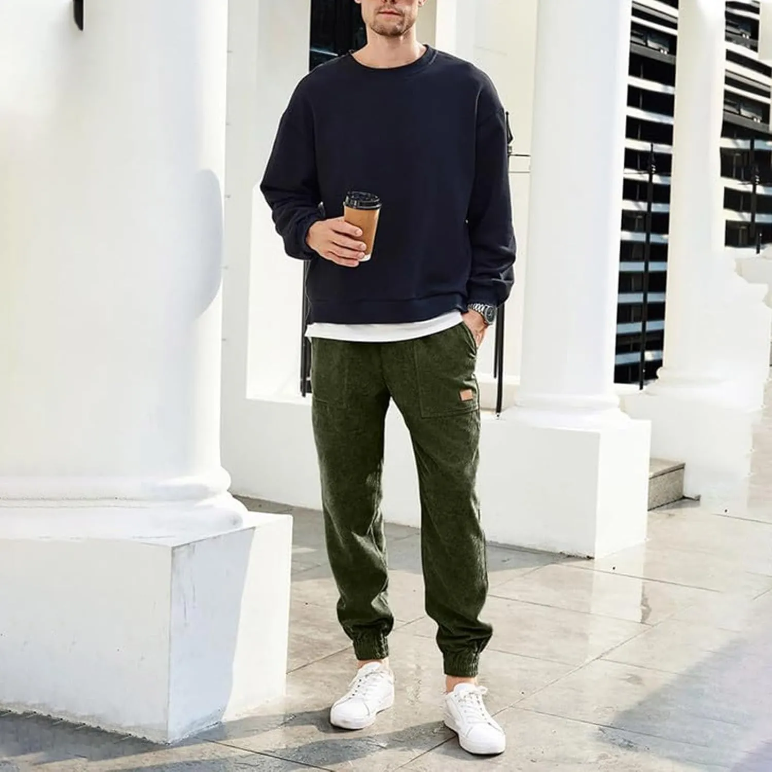 Corduroy Jogger for Men Casual Cargo Pants Drawstring Elastic Waist Baggy Tapered Sweatpants with Pockets Streetwear