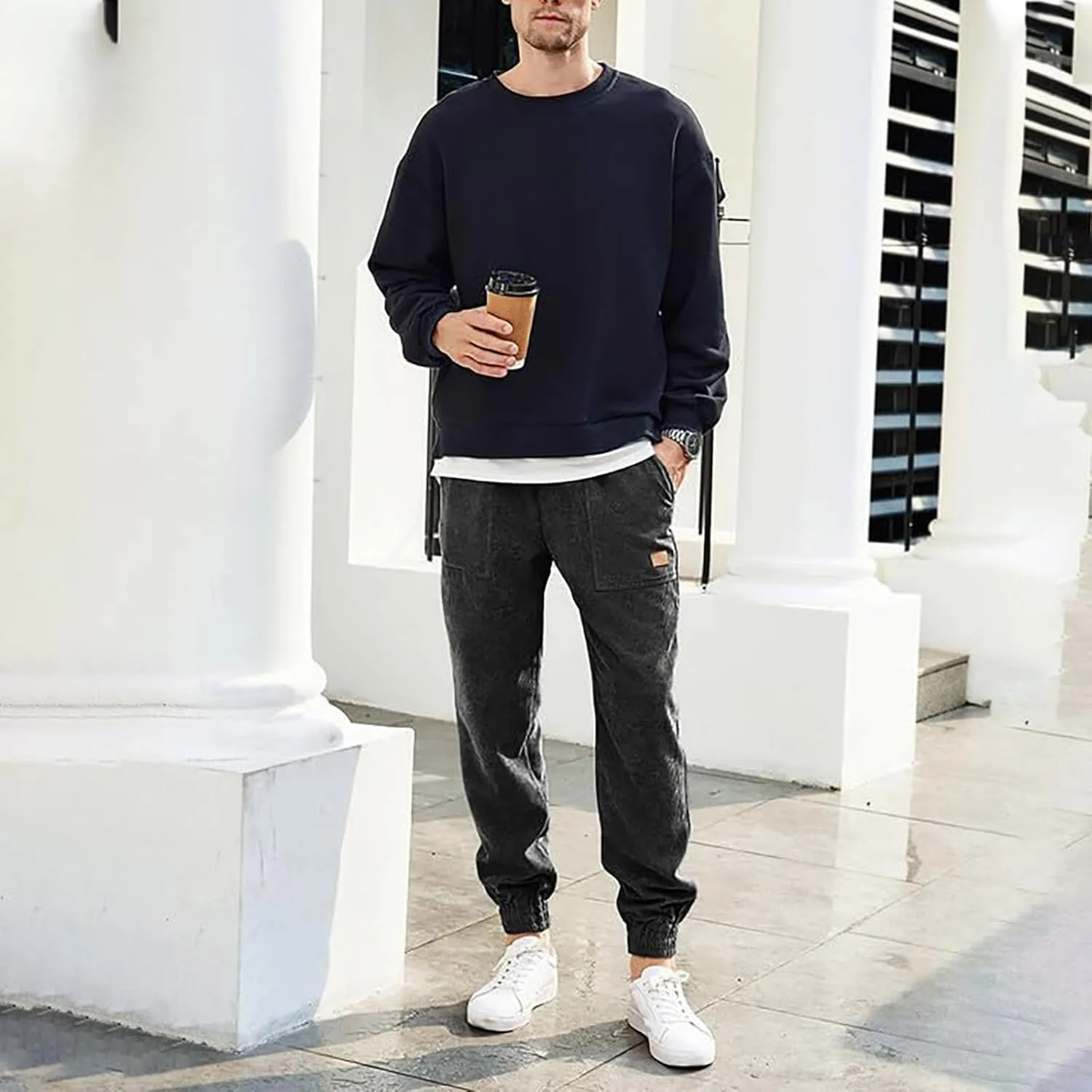 Corduroy Jogger for Men Casual Cargo Pants Drawstring Elastic Waist Baggy Tapered Sweatpants with Pockets Streetwear