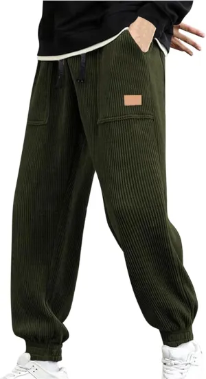 Corduroy Jogger for Men Casual Cargo Pants Drawstring Elastic Waist Baggy Tapered Sweatpants with Pockets Streetwear