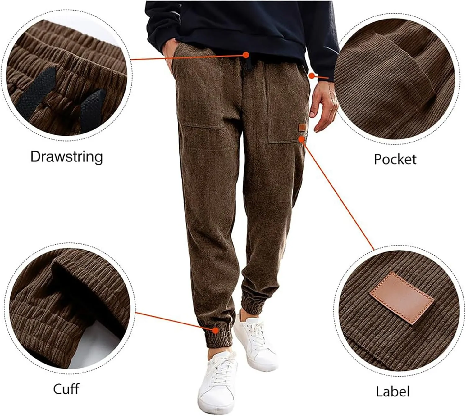 Corduroy Jogger for Men Casual Cargo Pants Drawstring Elastic Waist Baggy Tapered Sweatpants with Pockets Streetwear