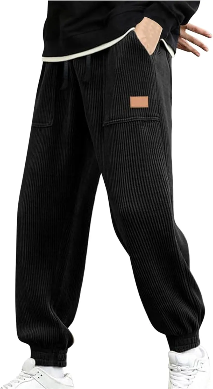Corduroy Jogger for Men Casual Cargo Pants Drawstring Elastic Waist Baggy Tapered Sweatpants with Pockets Streetwear