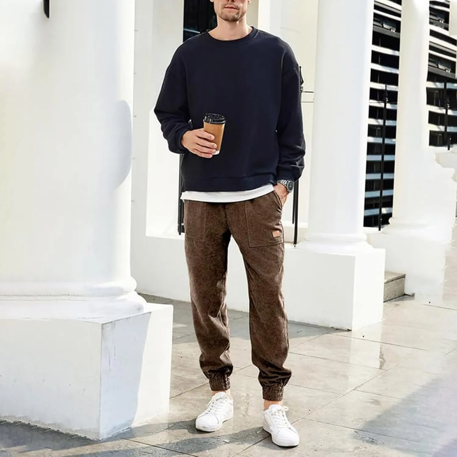 Corduroy Jogger for Men Casual Cargo Pants Drawstring Elastic Waist Baggy Tapered Sweatpants with Pockets Streetwear