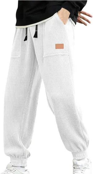 Corduroy Jogger for Men Casual Cargo Pants Drawstring Elastic Waist Baggy Tapered Sweatpants with Pockets Streetwear