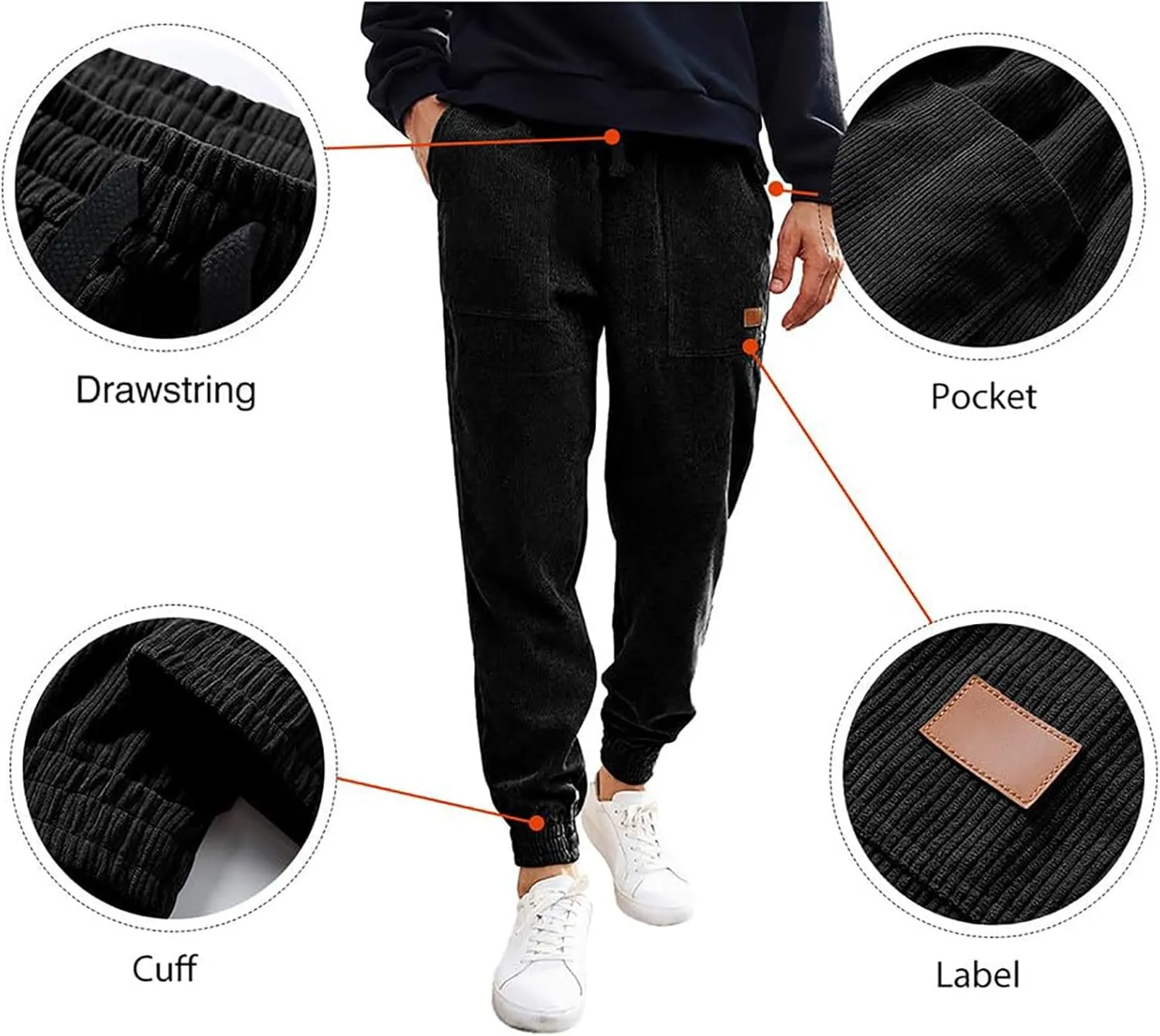 Corduroy Jogger for Men Casual Cargo Pants Drawstring Elastic Waist Baggy Tapered Sweatpants with Pockets Streetwear