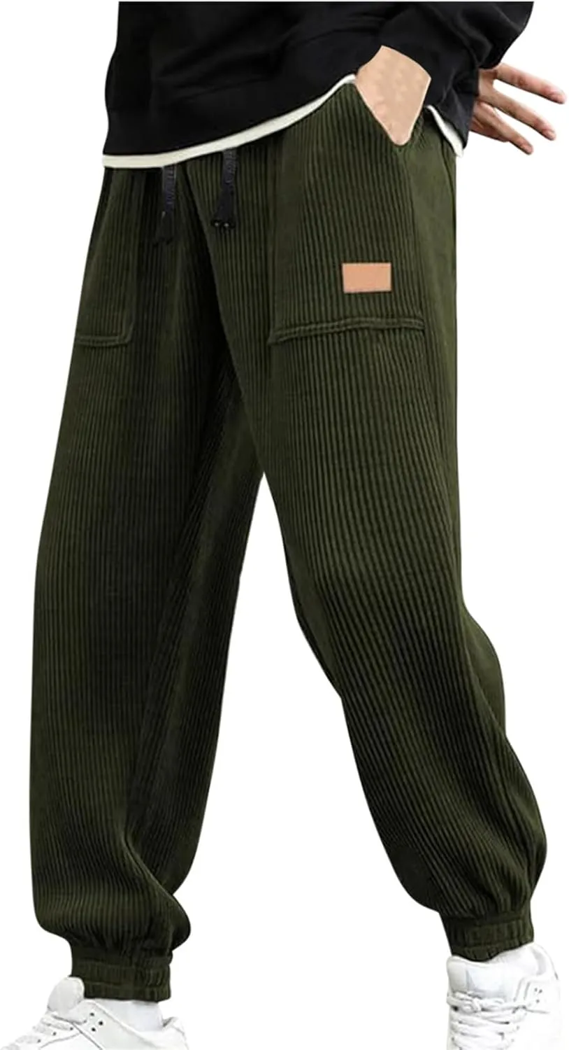 Corduroy Jogger for Men Casual Cargo Pants Drawstring Elastic Waist Baggy Tapered Sweatpants with Pockets Streetwear