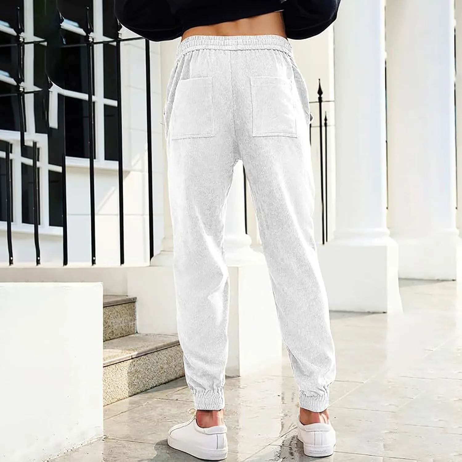 Corduroy Jogger for Men Casual Cargo Pants Drawstring Elastic Waist Baggy Tapered Sweatpants with Pockets Streetwear