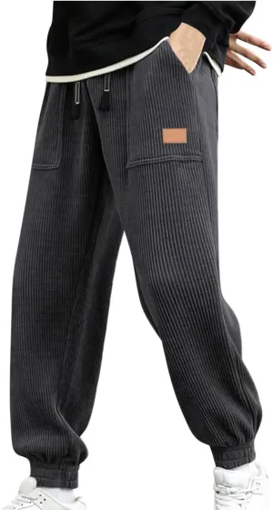 Corduroy Jogger for Men Casual Cargo Pants Drawstring Elastic Waist Baggy Tapered Sweatpants with Pockets Streetwear
