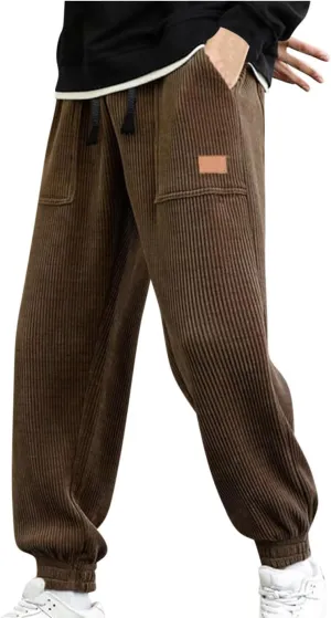 Corduroy Jogger for Men Casual Cargo Pants Drawstring Elastic Waist Baggy Tapered Sweatpants with Pockets Streetwear