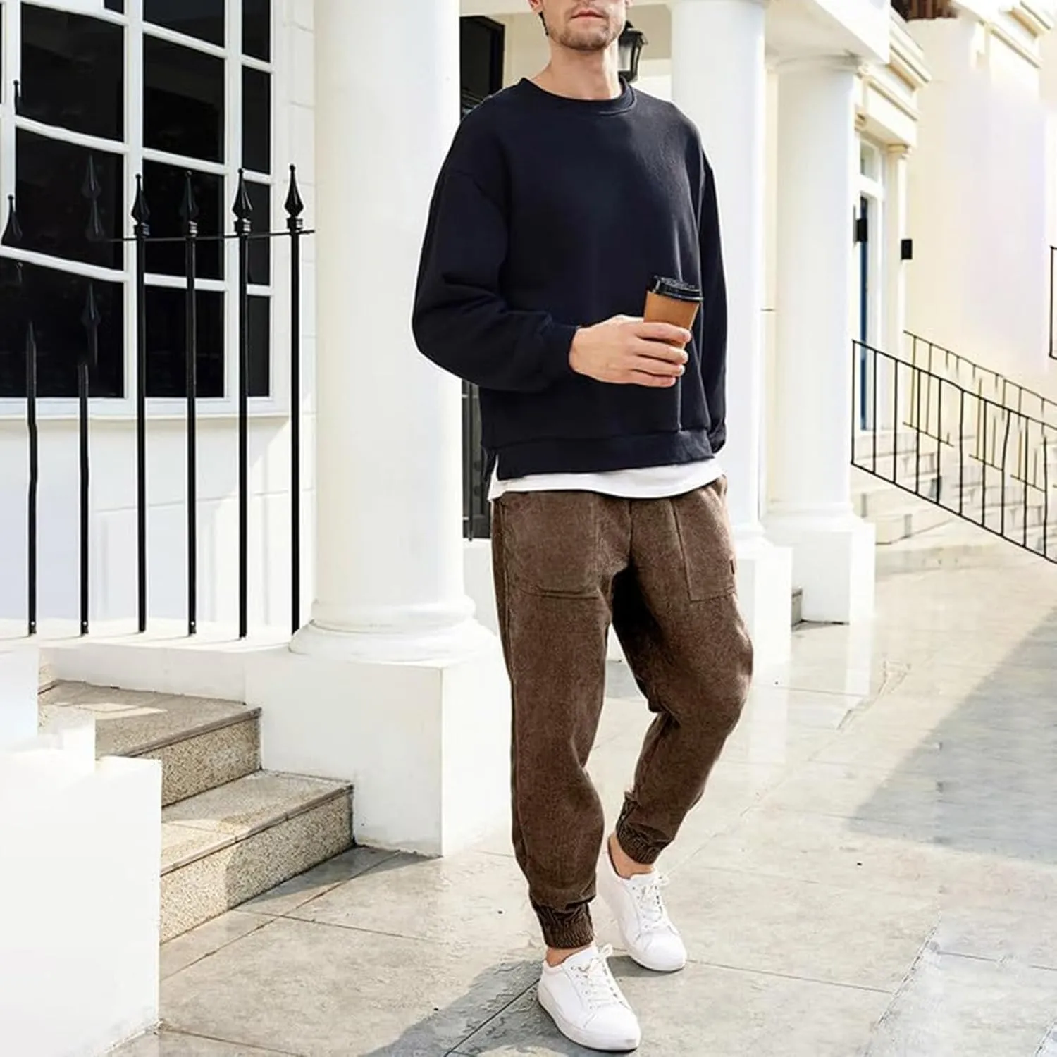 Corduroy Jogger for Men Casual Cargo Pants Drawstring Elastic Waist Baggy Tapered Sweatpants with Pockets Streetwear