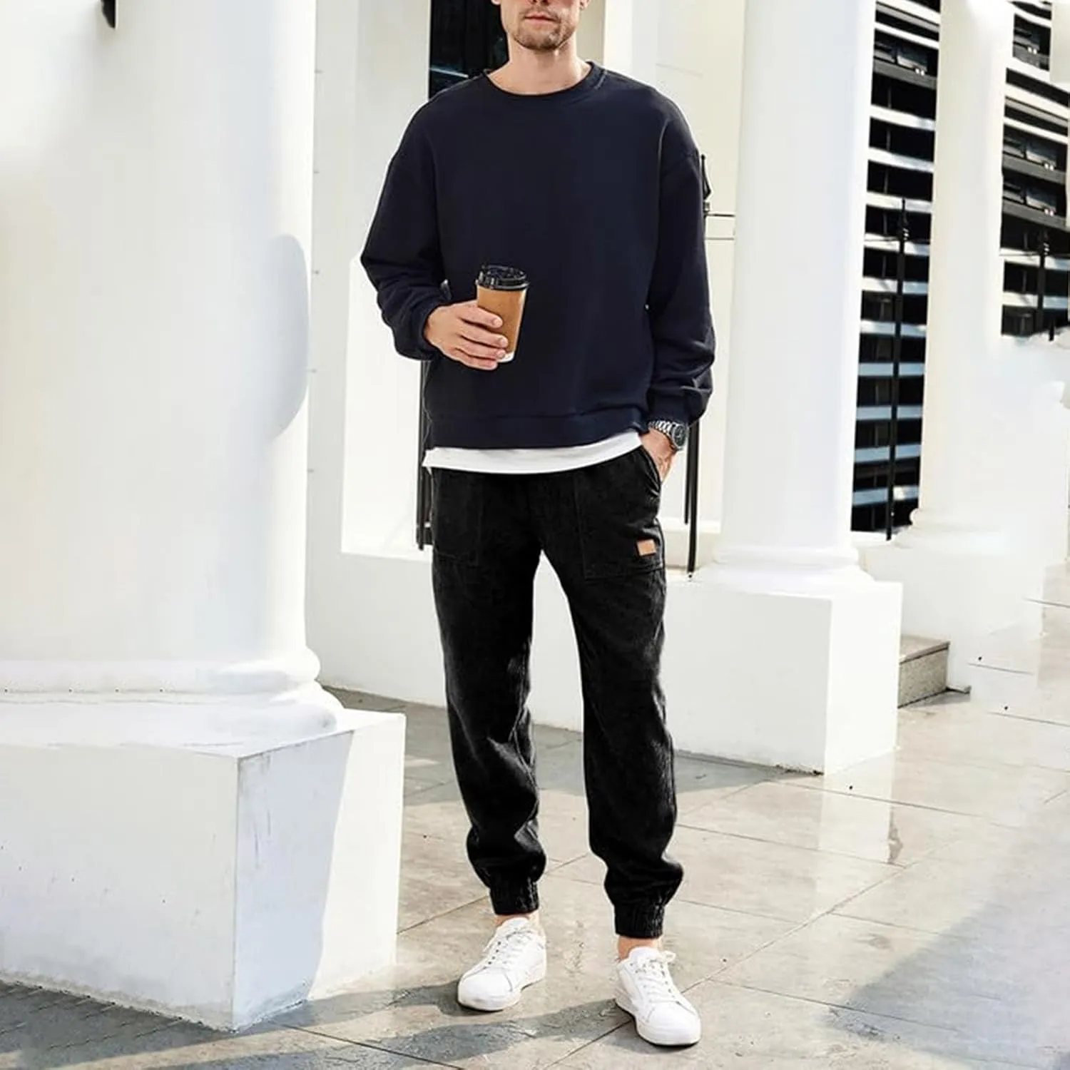 Corduroy Jogger for Men Casual Cargo Pants Drawstring Elastic Waist Baggy Tapered Sweatpants with Pockets Streetwear