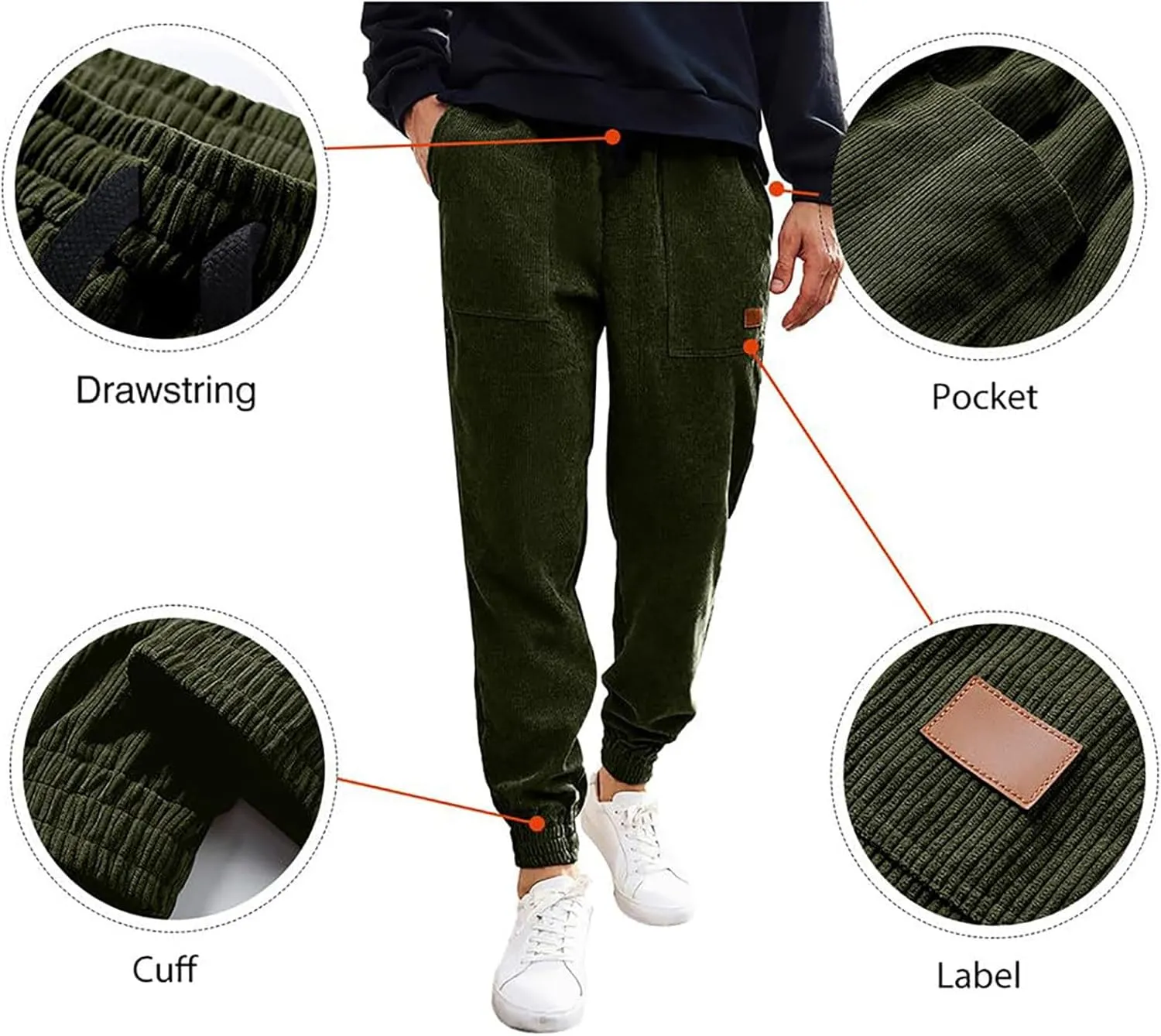 Corduroy Jogger for Men Casual Cargo Pants Drawstring Elastic Waist Baggy Tapered Sweatpants with Pockets Streetwear
