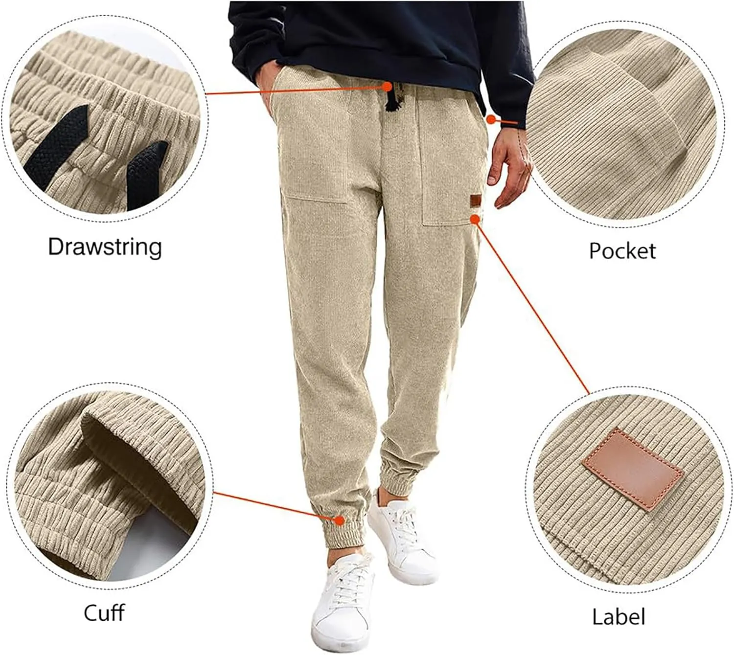 Corduroy Jogger for Men Casual Cargo Pants Drawstring Elastic Waist Baggy Tapered Sweatpants with Pockets Streetwear