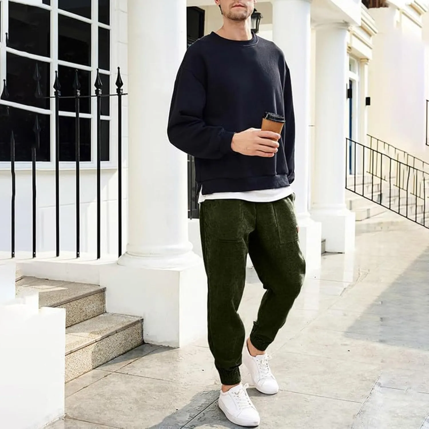 Corduroy Jogger for Men Casual Cargo Pants Drawstring Elastic Waist Baggy Tapered Sweatpants with Pockets Streetwear