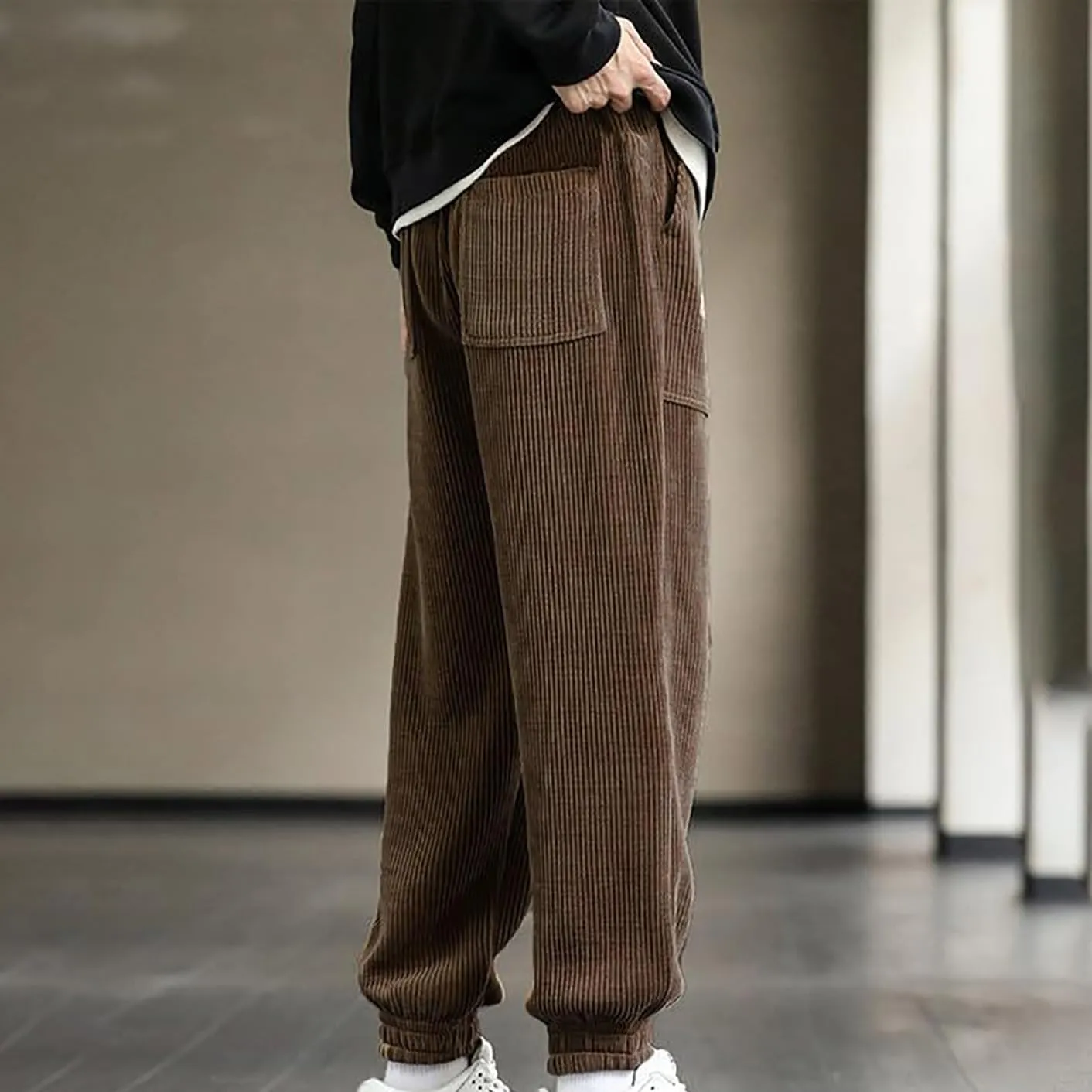 Corduroy Jogger for Men Casual Cargo Pants Drawstring Elastic Waist Baggy Tapered Sweatpants with Pockets Streetwear