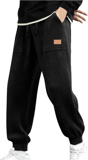 Corduroy Jogger for Men Casual Cargo Pants Drawstring Elastic Waist Baggy Tapered Sweatpants with Pockets Streetwear