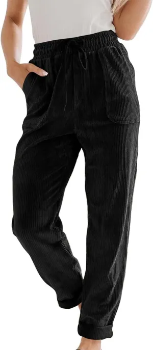 Corduroy Pants Women High Waisted Elastic Trendy Wide Leg Trousers Pants Casual Drawstring Loose Pants 2024 Fall