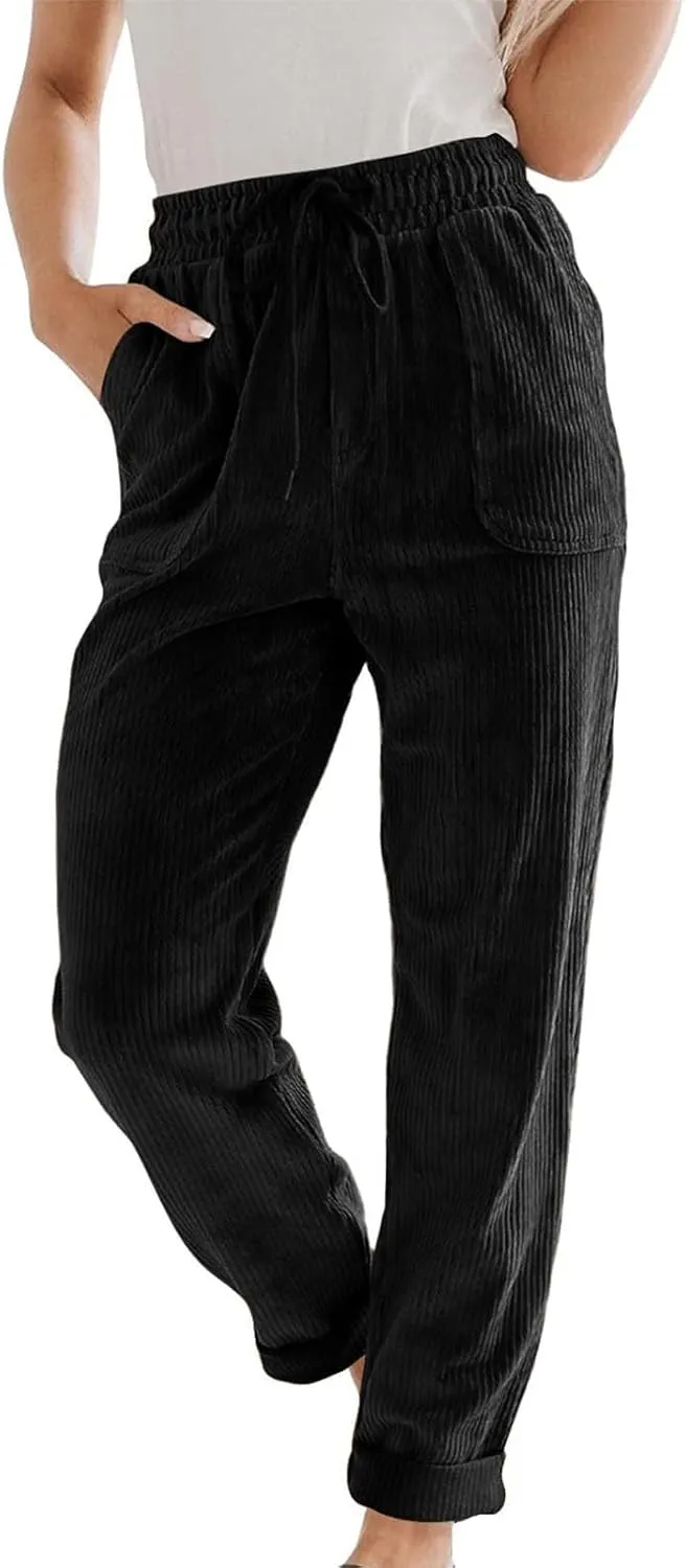 Corduroy Pants Women High Waisted Elastic Trendy Wide Leg Trousers Pants Casual Drawstring Loose Pants 2024 Fall