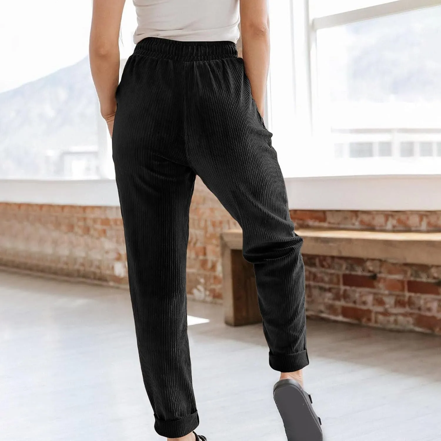 Corduroy Pants Women High Waisted Elastic Trendy Wide Leg Trousers Pants Casual Drawstring Loose Pants 2024 Fall