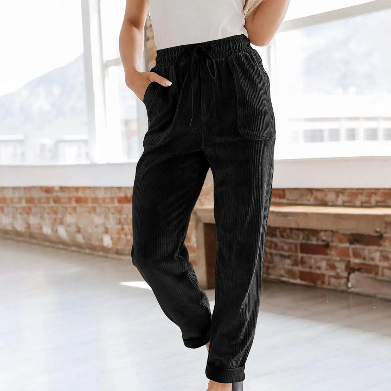 Corduroy Pants Women High Waisted Elastic Trendy Wide Leg Trousers Pants Casual Drawstring Loose Pants 2024 Fall