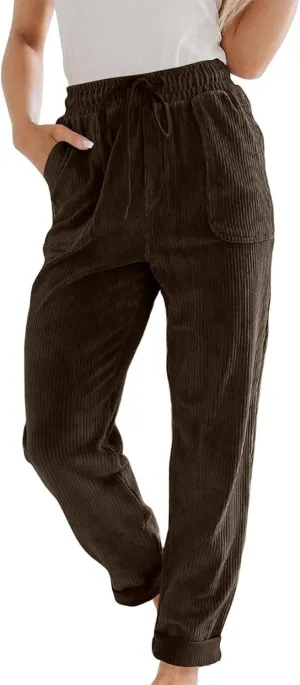 Corduroy Pants Women High Waisted Elastic Trendy Wide Leg Trousers Pants Casual Drawstring Loose Pants 2024 Fall